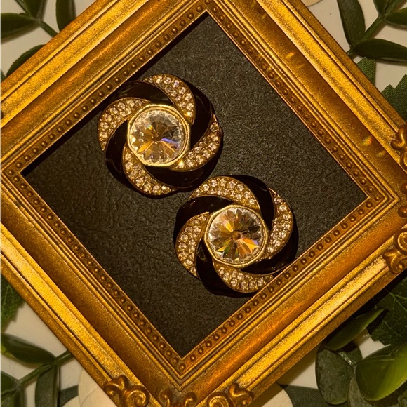 VTG Black Enamel and Crystal Swirl Earrings - Picture 3 of 16